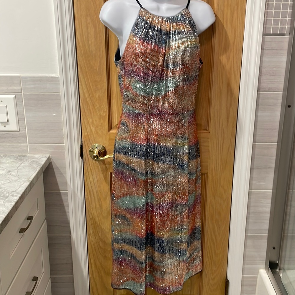 Aidan Mattox Rainbow Sequin Midi Dress